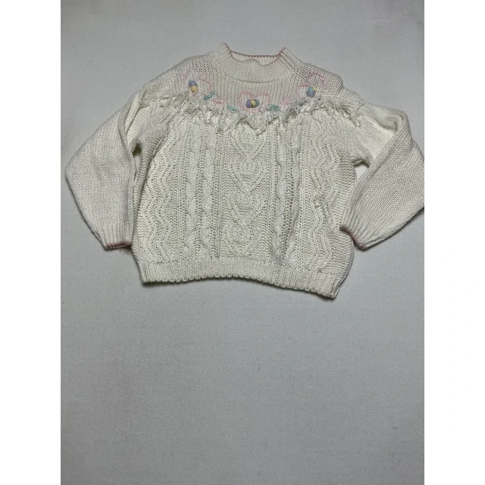 Vintage Sarit Hand Knit Sweater Womens Large Ivory Floral Fringe Cable Ramie L
